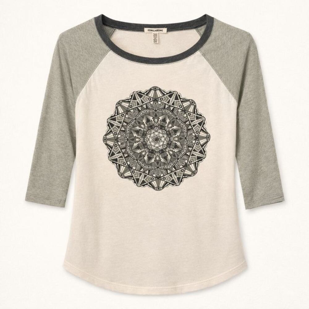 Billabong Tee Womens XS White Gray Mandala Print Raglan Sleeve Bohemian Hippie